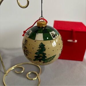 Hand-Painted (Inside) Glass 3" Ornament – Pine Tree Patchwork - NIB